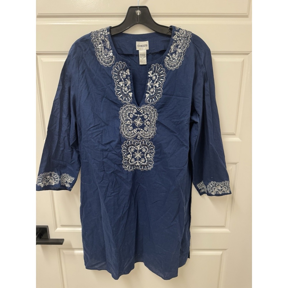 Chicos Size 1 Blue Cotton Tunic Embroidered Beaded Vneck Long Top Blouse